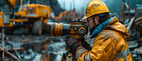 Engineer, mechanic, foreman, operator working in industry, construction, civil, mine., worker in yellow helmet on construction site © SJarkCube