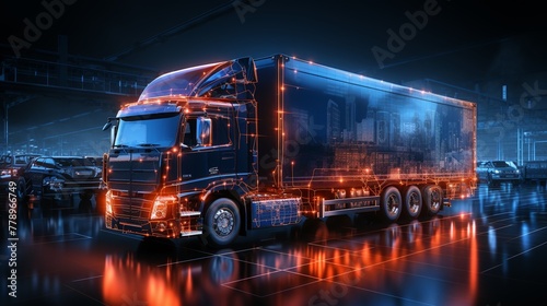 Neon outlines of various shipping trucks and drones symbolizing fast delivery