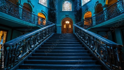Halloween, stairs of a luxurious abandoned and haunted mansion. Concept of fear and mystery.