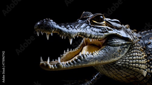 portrait of a crocodile with open mouth, photo studio set up with key light, isolated with black background and copy space © Ziyan