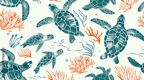 Seamless underwater pattern with stylized turtles, fish, and coral in a two-tone color scheme, ideal for fabric, wallpaper, or wrapping paper design.