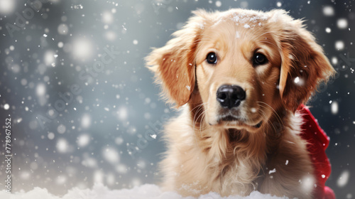 Adorable Golden Retriever Puppy in Snow, Winter Wonderland Charm © LunaLu