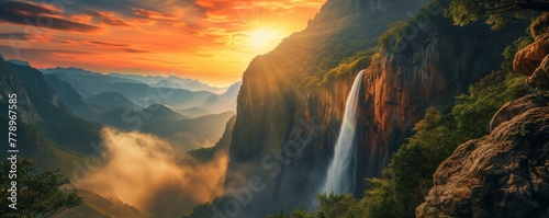 Majestic waterfall and mountain landscape at sunset 