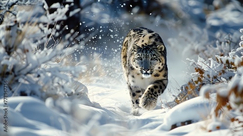 Snow Leopard Stalking in Snow - Himalayan Predator - Camouflage Expertise © Ziyan