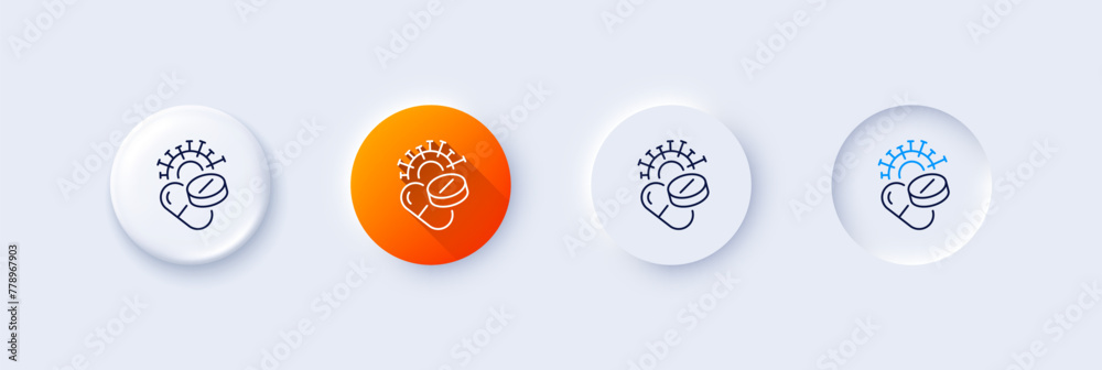 Coronavirus pills line icon. Neumorphic, Orange gradient, 3d pin buttons. Covid-19 virus vaccine sign. Corona virus symbol. Line icons. Neumorphic buttons with outline signs. Vector Coronavirus pills line icon. Neumorphic, Orange gradient, 3d pin buttons. Covid-19 virus vaccine sign. Corona virus symbol. Line icons. Neumorphic buttons with outline signs. Vector