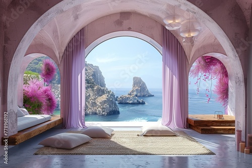 The minimalist interior design features lavender silk curtains gently billowing in the breeze, framing panoramic views of the serene sea beyond.