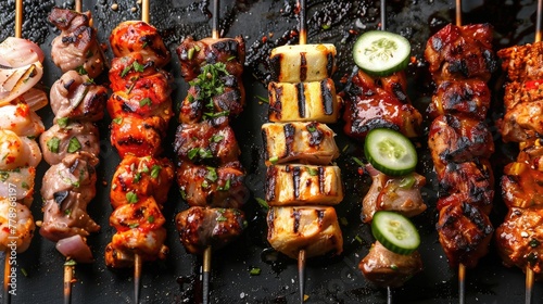 A series of skewers with international ingredients showcasing the global love for grilling photo