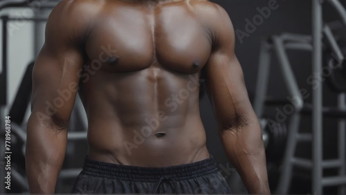 Unrecognizable Strong bald bodybuilder with six pack. African American