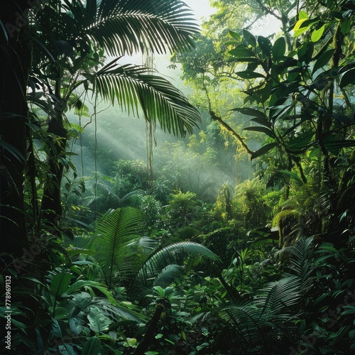 A lush green jungle with sunlight shining through the trees