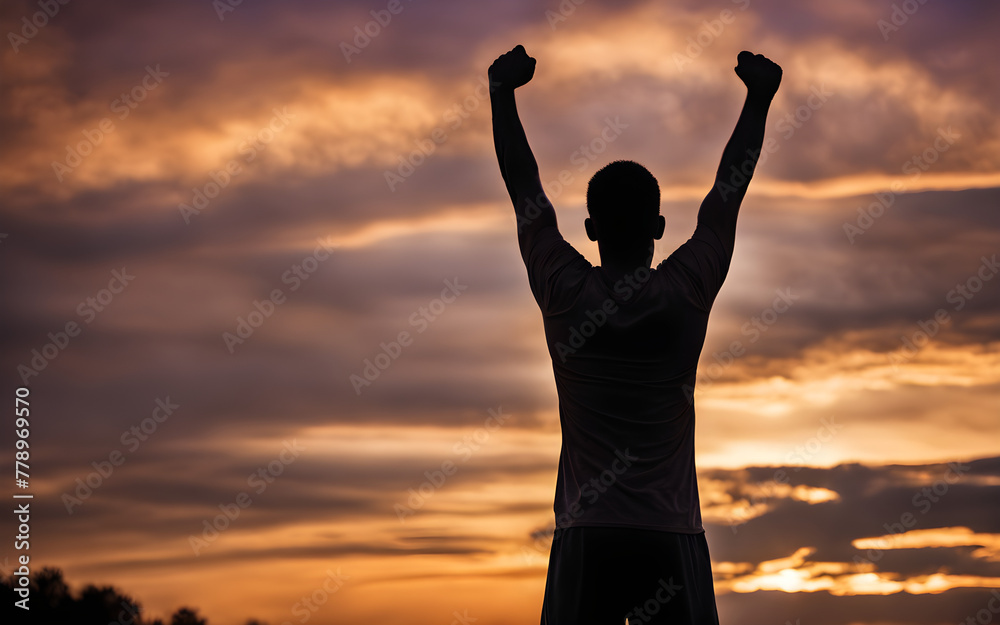 Silhouette of a man at sunrise, arms raised in victory on a mountain peak, new day dawning
