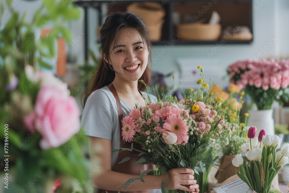Smiling female florist arranging bouquet standing at counter	