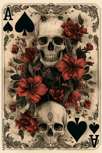 Ace of spades, romantic floral and skull motif poker card. Vintage dot pattern playing card. 