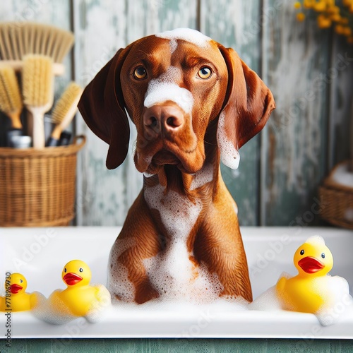 Red hungarian vizsla dog in bathroom with foam and rubber ducks. Generative AI