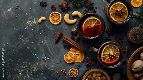 The concept of Christmas and seasonal drinks featuring hot mulled wine, dried orange slices, raisins