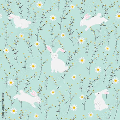 Easter seamless pattern with hand drawn white rabbits happy in the garden
