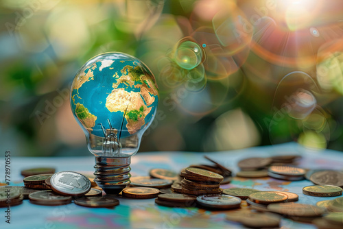 Green business. Investing in green businesses Green world map on light bulb With coins around the light bulb. Environmental investment concept photo