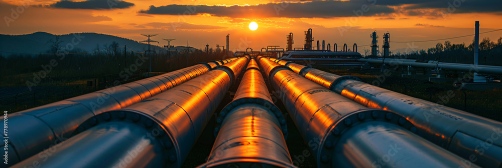 Sunset over industrial refinery with pipelines and distillation towers ...