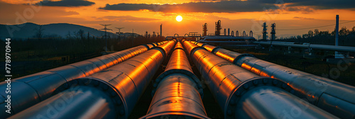 Sunset over industrial refinery with pipelines and distillation towers. Energy and petroleum industry at dusk with vibrant sky. Design for energy sector report, oil and gas brochure, industrial infras