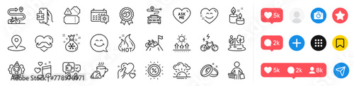 Buyer, Puzzle game and E-bike line icons pack. Social media icons. Father day, Smile chat, Fishing place web icon. Clown, Aroma candle, Love music pictogram. Coffee break, Love award, Discount. Vector