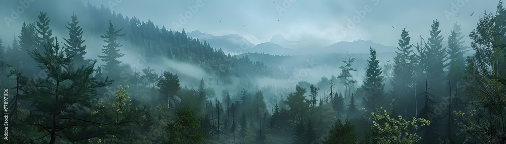 A forest with foggy mountains in the background