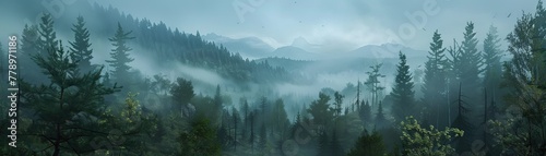 A forest with foggy mountains in the background