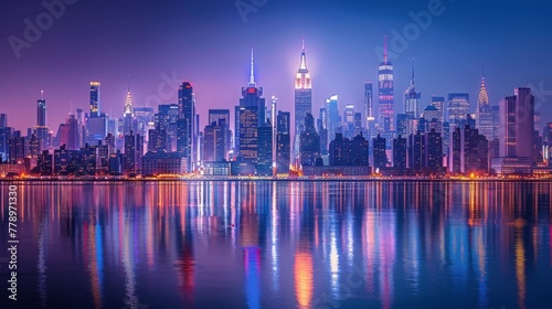 Hyperrealistic manhattan skyline at night with city lights reflecting on east river