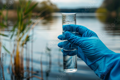 Fence, check the water sample for infections. Gloved hand with flask and a test tube on a background of lake, river, sea. Pollution of ecology, environment