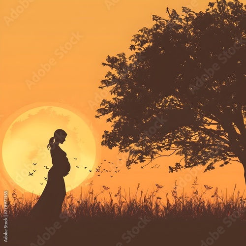 Pregnant Woman s Silhouette Against Dramatic Sunset Landscape Representing the Beauty and Anticipation of a Growing Life