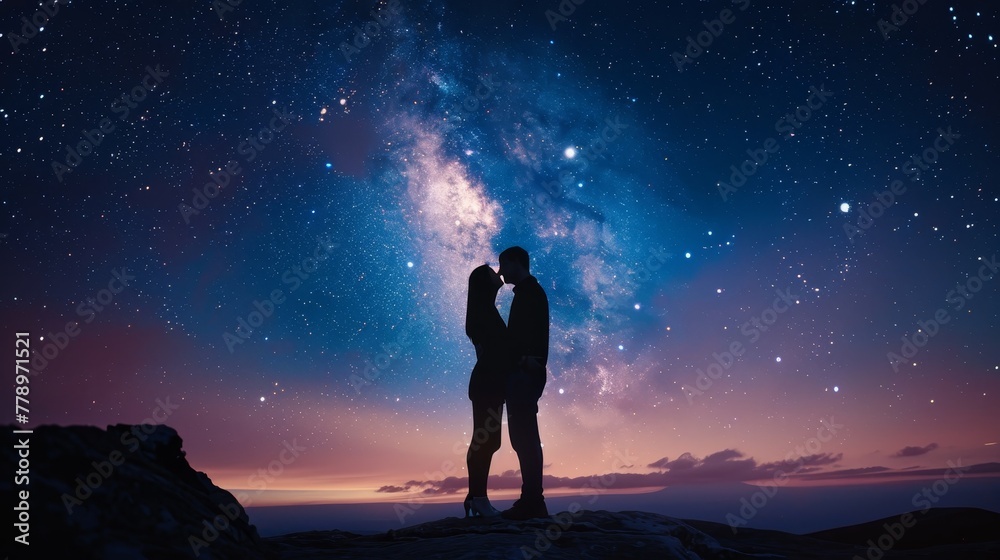 A couple is kissing in the sky, surrounded by stars. Scene is romantic and dreamy