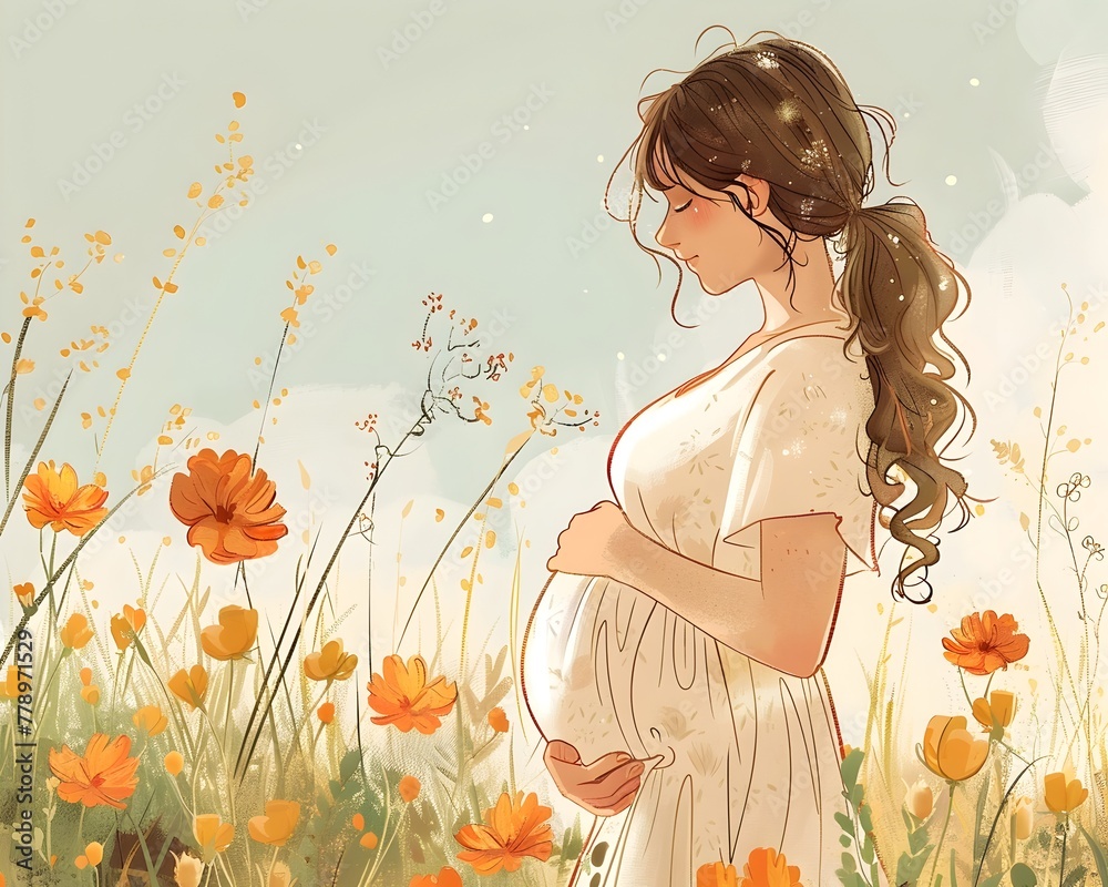 Radiant Maternity Portrait in a Blooming Meadow Scene Capturing the Serene Glow of New Life