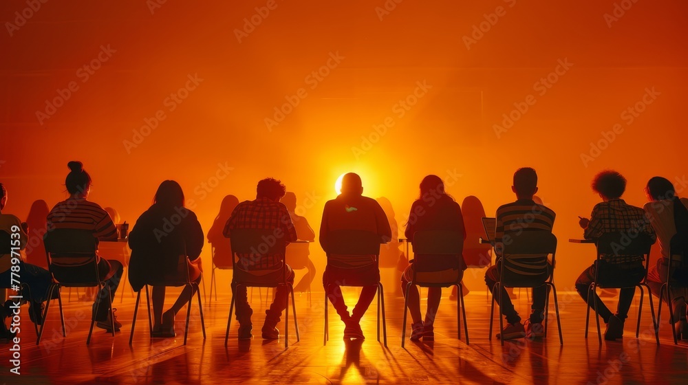 Fototapeta premium A group of people sitting in chairs in front of a sun