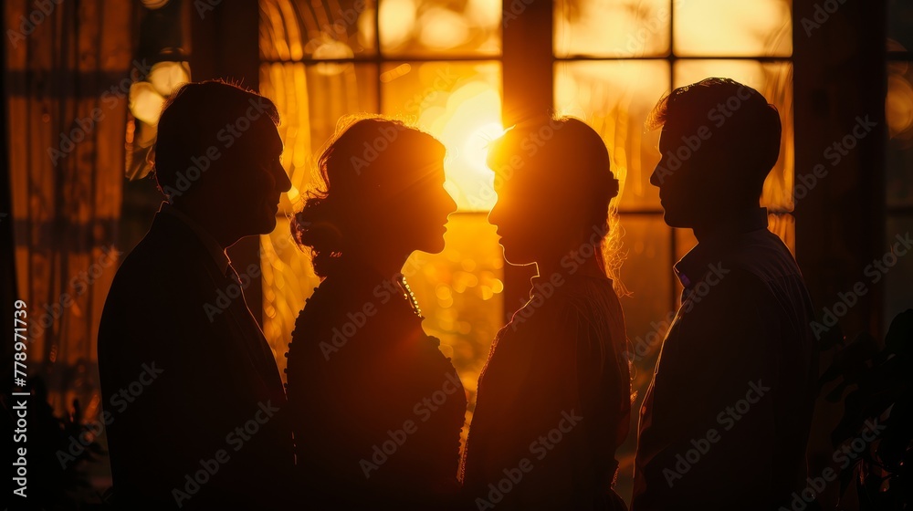 Four people are silhouetted against a sunset, with the sun shining on their faces. Scene is warm and romantic, as the silhouettes of the people create a sense of intimacy and closeness