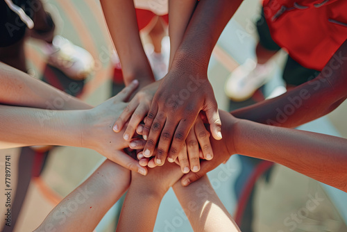 Team of kids children basketball players stacking hands in the court, sports team together holding hands getting ready for the game