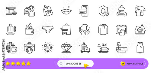 Backpack, Baggage and Baggage size line icons for web app. Pack of Waterproof, Marketplace, Online shopping pictogram icons. Wallet, Furniture, T-shirt signs. Discount, Market, Diamond. Vector