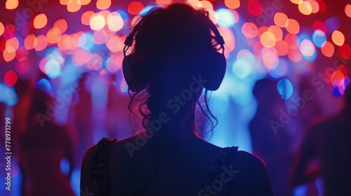 A woman wearing headphones is standing in a room with a group of people. The room is brightly lit with a blue and red color scheme. The woman is enjoying the music and the atmosphere of the party