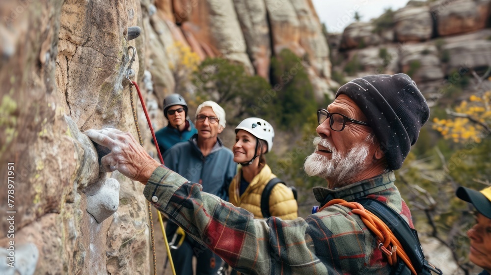 A group of older individuals, accompanied by a guide, engaging in rock climbing outdoors as part of