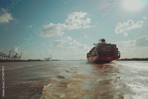 container ship sailing through the river on her departure from port photo