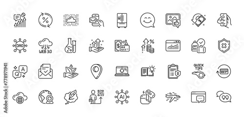 Airplane, Loan percent and Like photo line icons pack. AI, Question and Answer, Map pin icons. Organic product, Approved mail, Chemistry lab web icon. Vector