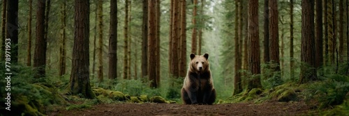 Brown bear in the woods, big wild animal in the lush green forest. walking and sitting in the jungle. made with generative AI technology. © Motionic Studio
