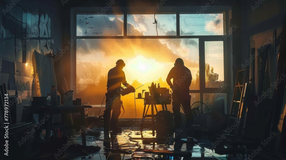 Two men are working in a workshop with a window in the background. The sun is shining through the window, casting a warm glow on the scene