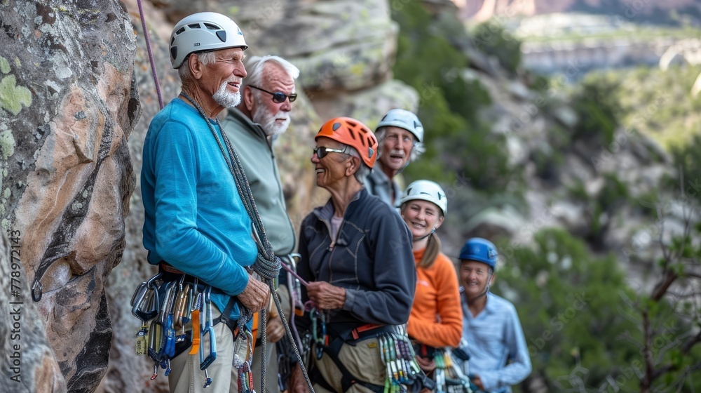 A group of older individuals, accompanied by a guide, engaging in rock climbing outdoors as part of