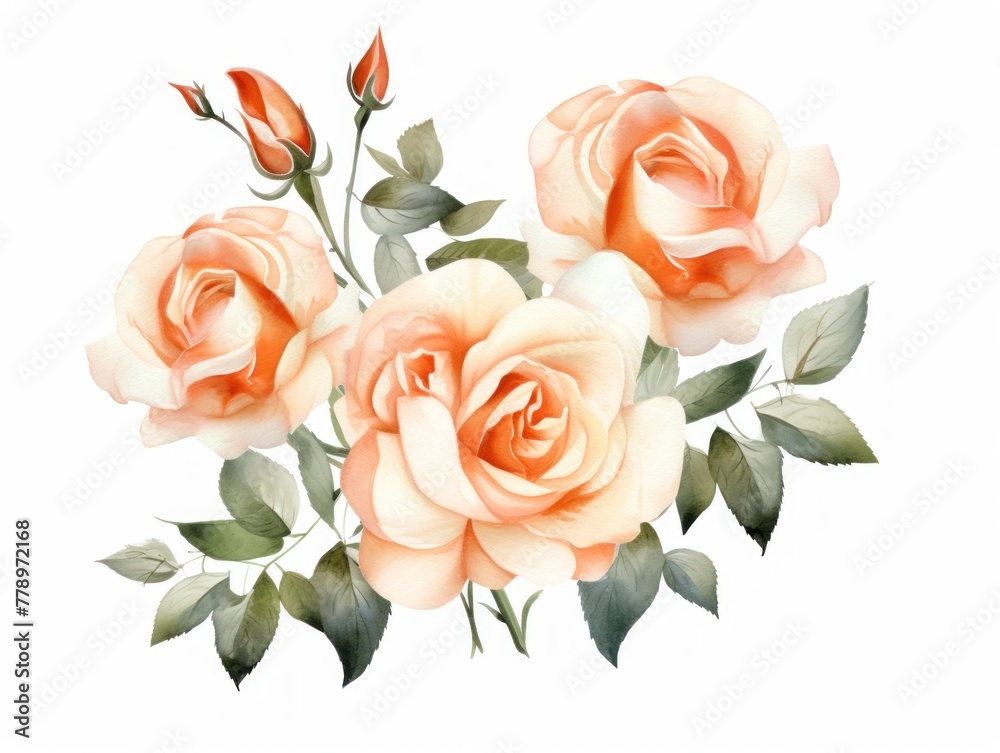 Peach roses watercolor clipart on white background, defined edges floral flower pattern background with copy space for design text or photo backdrop minimalistic 