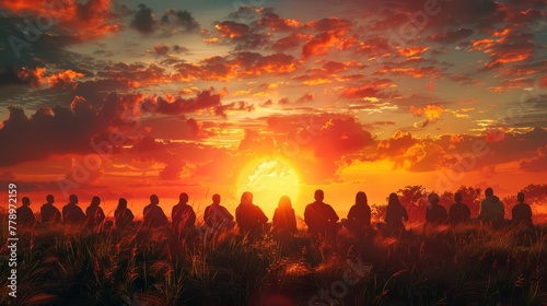 A group of people are sitting in a field and the sun is setting in the background