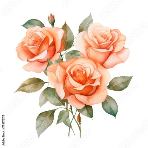 Peach roses watercolor clipart on white background, defined edges floral flower pattern background with copy space for design text or photo backdrop minimalistic  © Celina