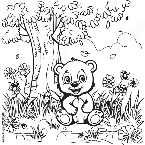 Baby bear is sitting under a tree  vector illustration on white background for kids coloring pages
