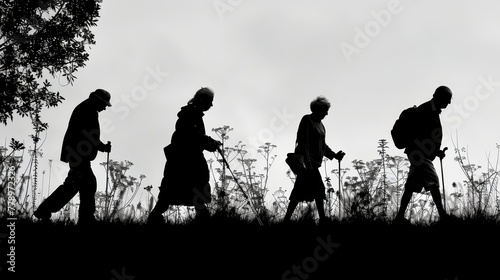 Four people walking in a field with backpacks