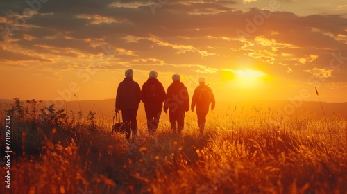 Four people walking in a field with a sunset in the background