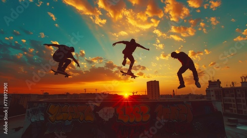Three skateboarders are performing tricks on a graffiti covered wall. The sky is orange and the sun is setting, creating a warm and energetic atmosphere