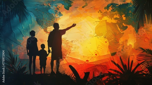 A painting of a family of three people standing in a jungle with a man pointing to the sky