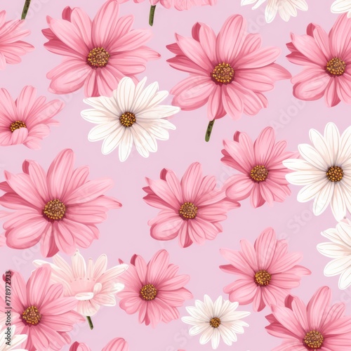 Pink and white daisy pattern, hand draw, simple line, flower floral spring summer background design with copy space for text or photo backdrop  © Celina